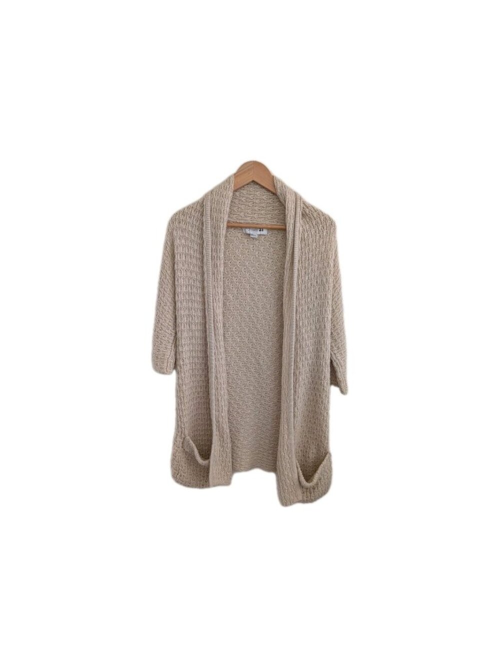 Forever 21 Open Front Cardigan M Cream Knit Pockets Elbow Sleeve Boho Minimalist